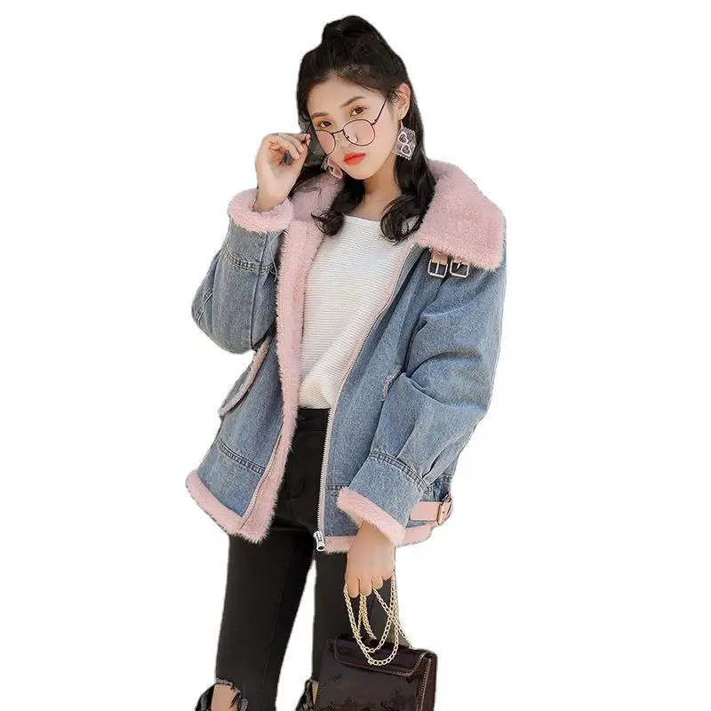 

winter European 2020 jean jacket female lamb cotton-padded jacket and fine hair thickening two tidal motorcycle jacket