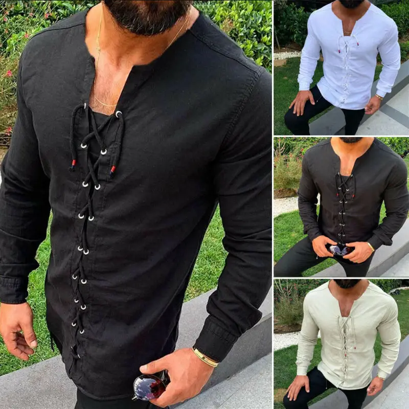 

Мода для мужчин из хлопка и льна тонкие рубашки с длинным рукавом шнуровка Пояс пуловер фитнес мужской футболка с коротким рукавом топы, обл...