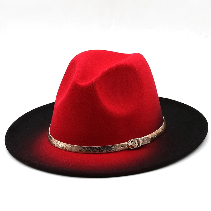 

Autumn Winter Men Women New Spray Painted Woolen Jazz Hat with Golden Belt Wide Brim Gradient Color Party Fedora Hats