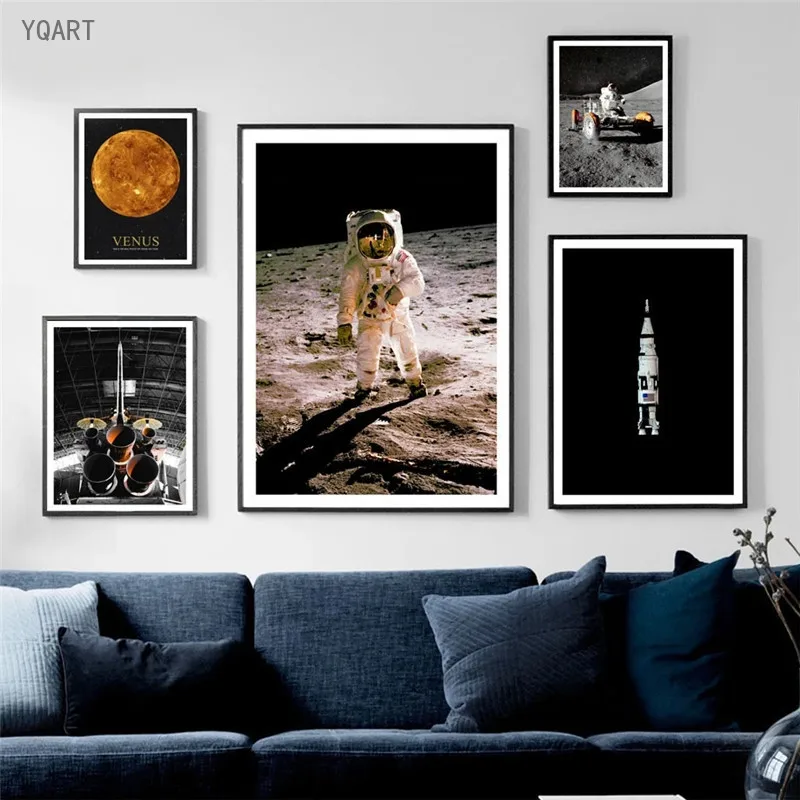 

Astronaut Rocket Moon Outer Space Wall Art Canvas Painting Nordic Posters and Prints Wall Pictures for Modern Living Room Decor