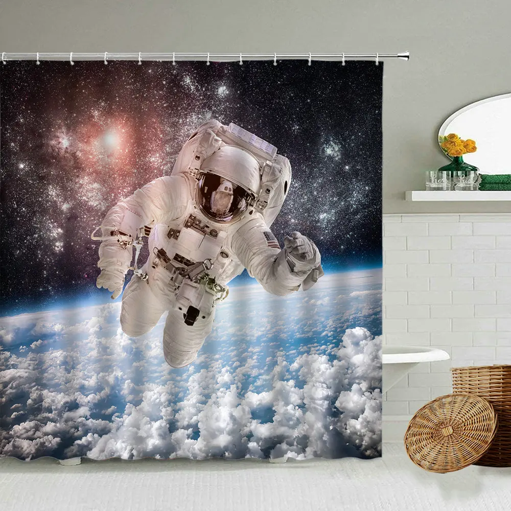 

Universe Planet Starry Sky Astronaut Waterproof Shower Curtain Boy Bathroom Bathtub Art Deco With Hook Hanging Screen Washable