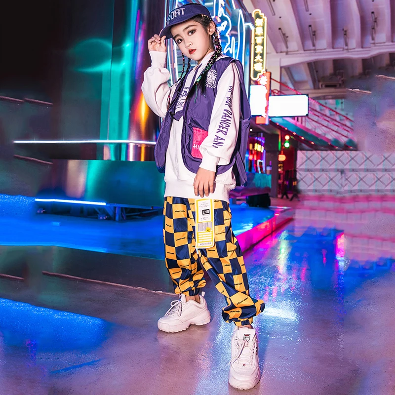 Детский костюм для танцев в стиле хип хоп комплект джазовых желтые клетчатые