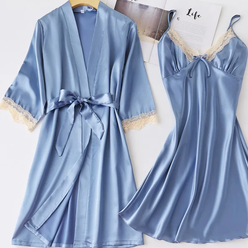 

Women Robe Set Sleepwear Faux Silk Kimono Bathrobe Gown Loose Two Piece Suit Lace Patchwork Bridal Wedding Gift Home Clothes