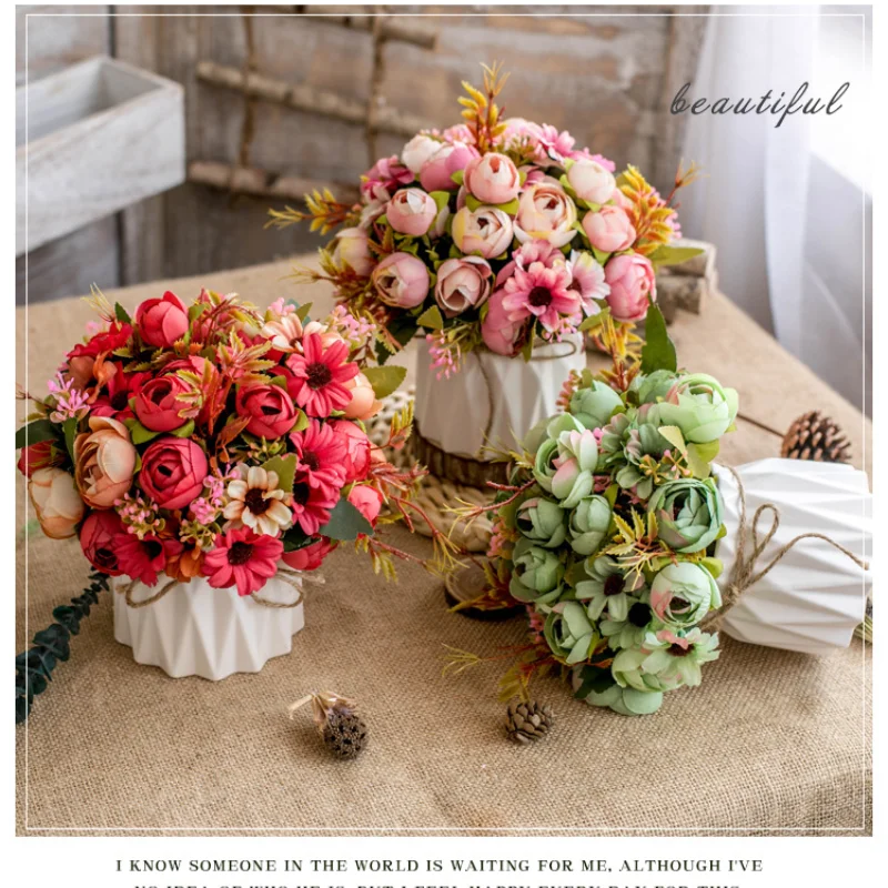 

Nordic Artificial Flower Set(Flower+Vase)Ceramic Hemp Rope Vase Rose Artificial Plants Potted Wedding Decoration Fake Flower