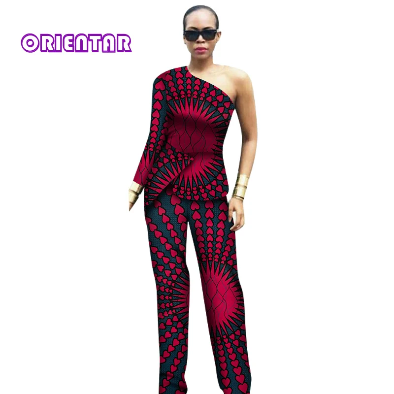 

2 Pieces Set African Clothes Women One-Shoulder Tops and Pants Bazin Riche African Print Fashion Long Pants Suit Set WY4360