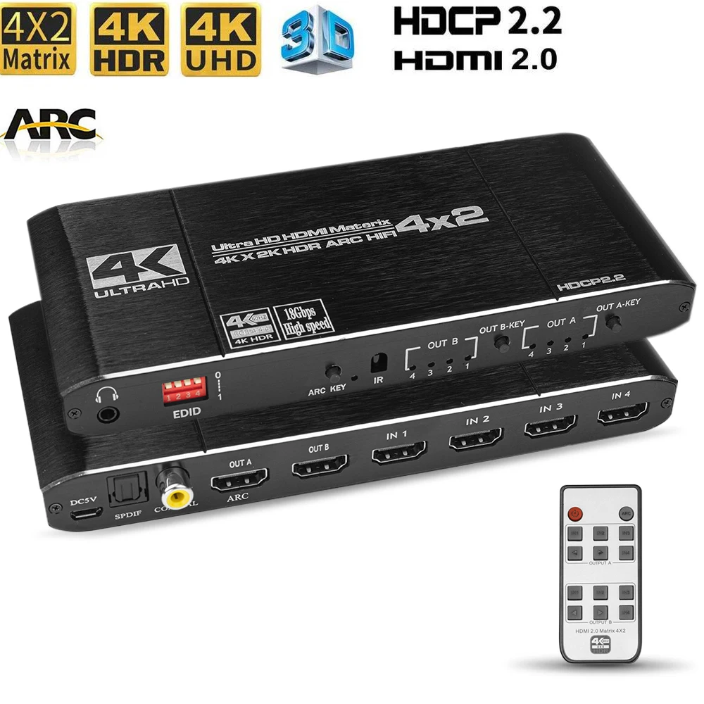 HDMI 2 0 матрица 4X2 цифровой переключатель toslink UHD 4KX2K/60 Гц матричный разветвитель 4 в
