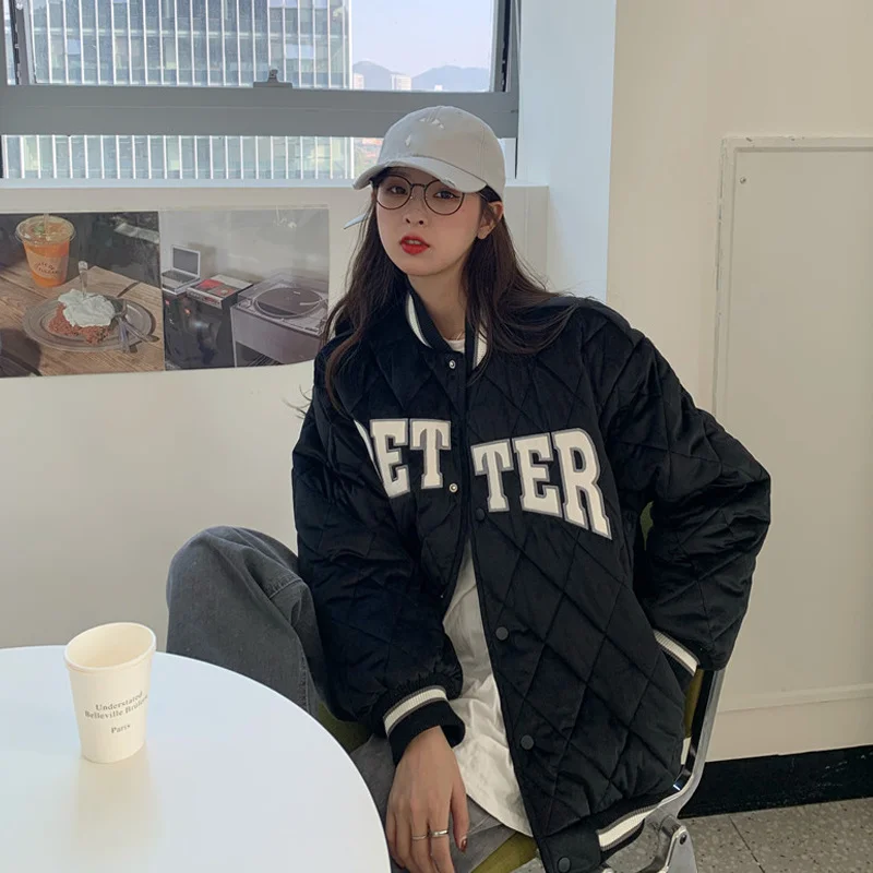 Lingge Cotton Padded Clothes Women's Autumn Winter 2021 Small Korean Loose Baseball Jacket Rac | Женская одежда