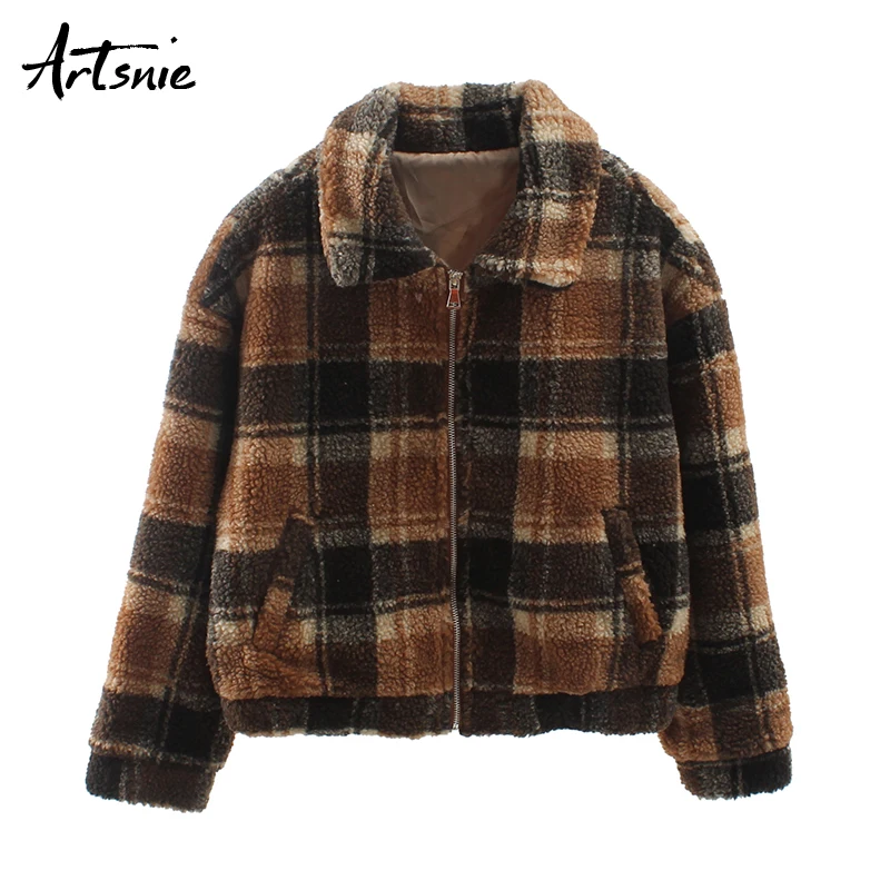 Женская куртка в клетку Artsnie повседневная утепленная с отложным воротником и