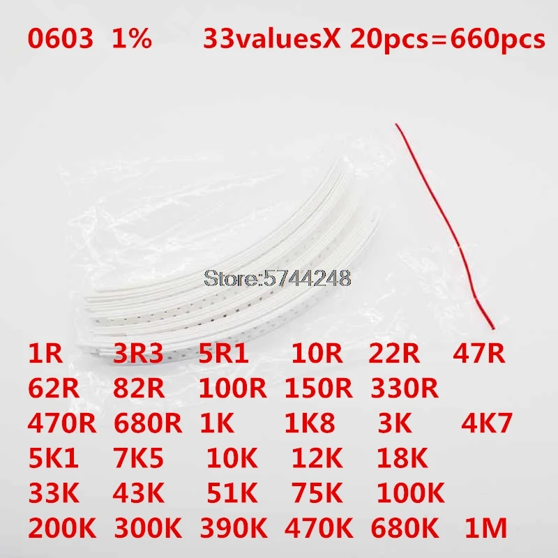 Комплект резисторов 0603 SMD в ассортименте 1 Ом-1М Ом 1% 33valuesX 20 шт. = 660 набор образцов |
