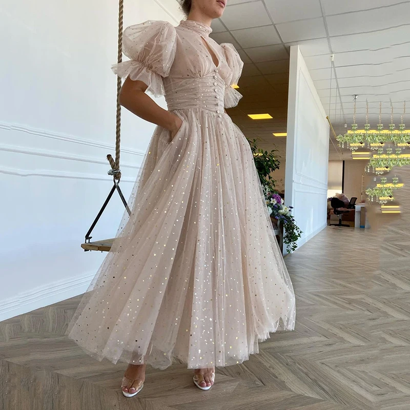 

Light Pink Long Prom Dress High Neck Puff Pleated Short Sleeves Stars sequined Celebrate Dress Elegant Arab Evening Dress