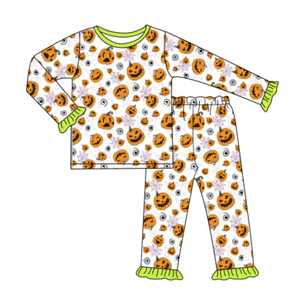 

2021 New Style Pure Cotton Baby Girls Pajamas Pumpkin Print Long Sleeve Cuffs With Lace And Trousers Children Clothing