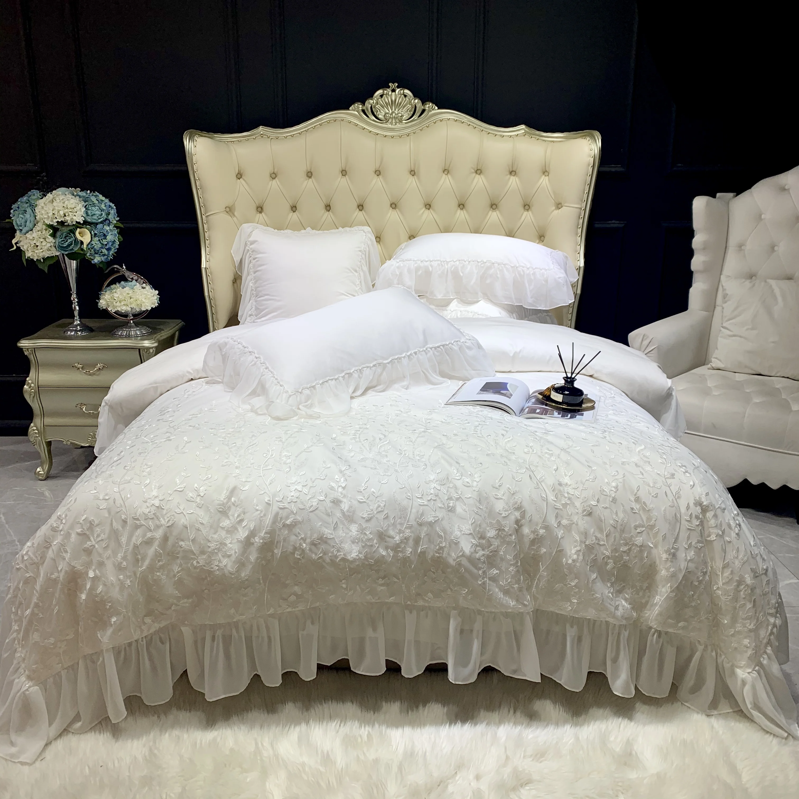 

1200TC Egyptian Cotton Bedding sets Queen King size White Lace Duvet cover Bed sheets linen set For Girls bed set