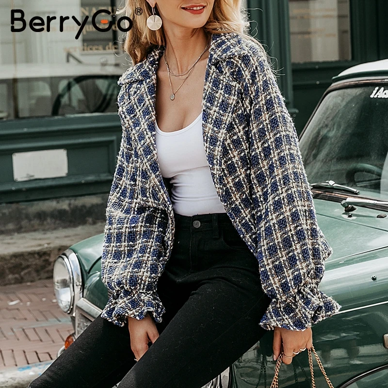 BerryGo Повседневный твидовый в клетку жакет Женское пальто свободный фонарь рукав кардиган-пончо Эластичная Высокая талия верхняя одежда женская куртка