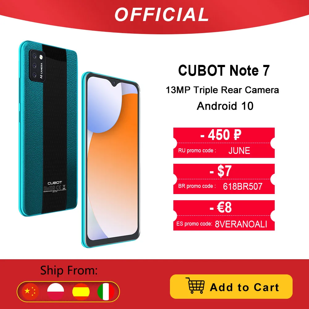  Cubot Note 7 Smartphone Triple Camera 13MP 4G LTE 5.5 Inch Screen 3100mAh Android 10 Dual SIM Card mobile phone Face Unlock 