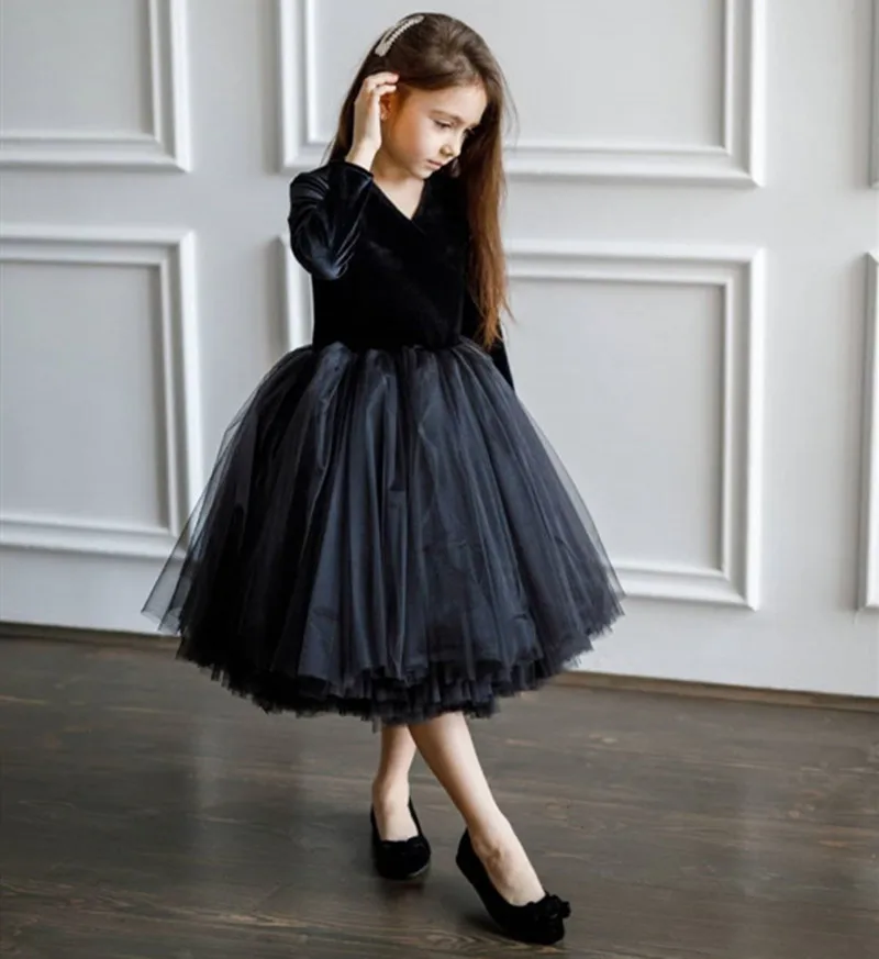 Black Puffy Tulle Knee Length Little Princess Party Dress for Kids Long Sleeve Velvet Tulle Flower Girl Dress Pageant Gowns