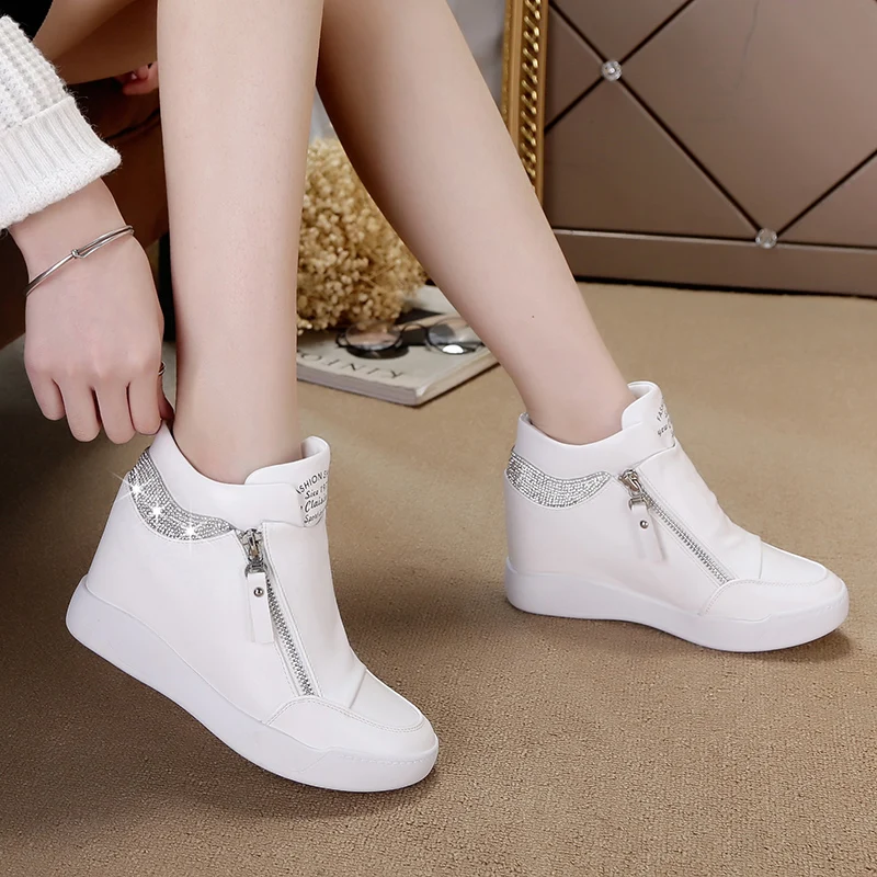 

Women Casual Sneakers PU Platform Shoes Ladies Wedge Sports Shoe Fashion Woman Internal Increase Side Zipper Vulcanized Shoes