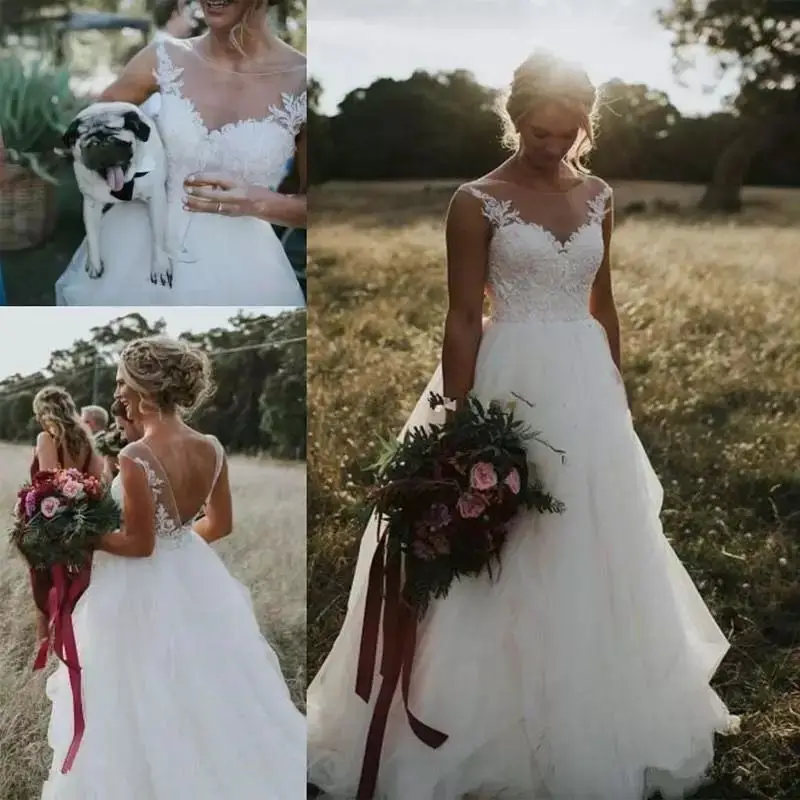 

New Country Style Wedding Dresses Sheer V Neck Illusion Appliques A-line Plus Size Open Back Sweep Train Vestido De Noiva