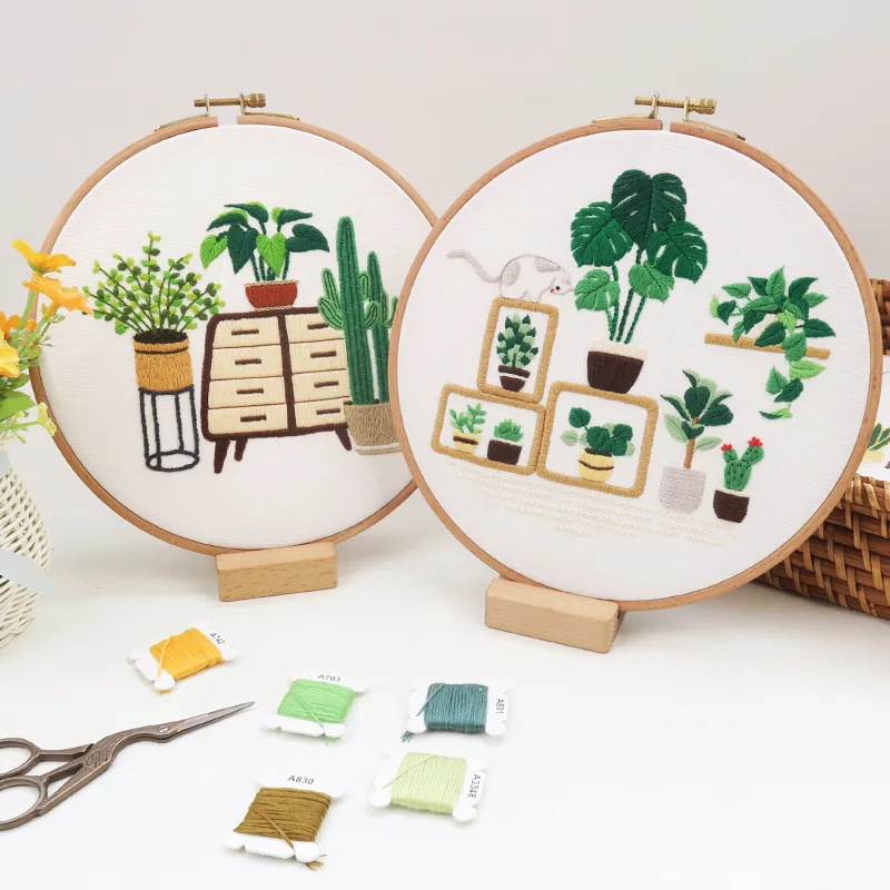 

DIY Embroidery Kit Craft Kits for Adults Needlework Green Plant Pattern Printed Cross Stitch Bamboo Plastic Hoop Sewing Art