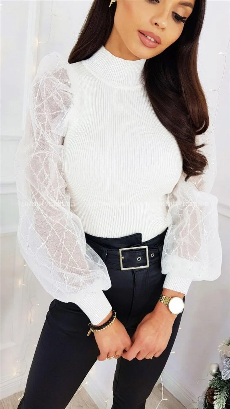 

Dropshipping Women Slim Puff Sleeve Top High Collar Pullover Knit Sweater Turtleneck Blouse Casual Mesh Sheer Long Sleeve Tops
