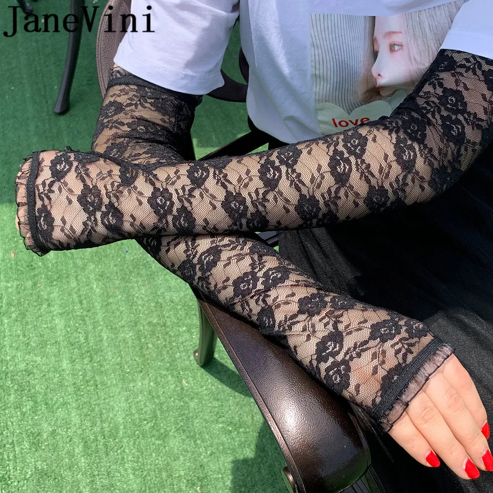 Женские свадебные перчатки без пальцев с черным кружевом 44 см | Свадьбы и