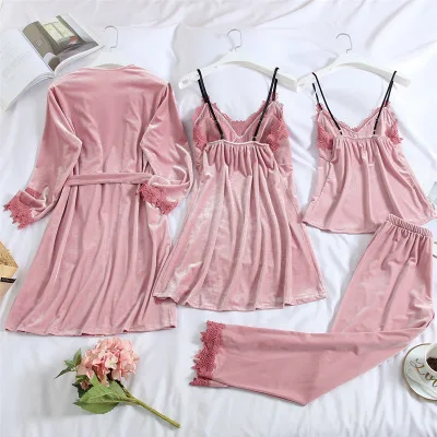 Новый женский золотистый бархатный костюм из 4 предметов пикантная Ночная