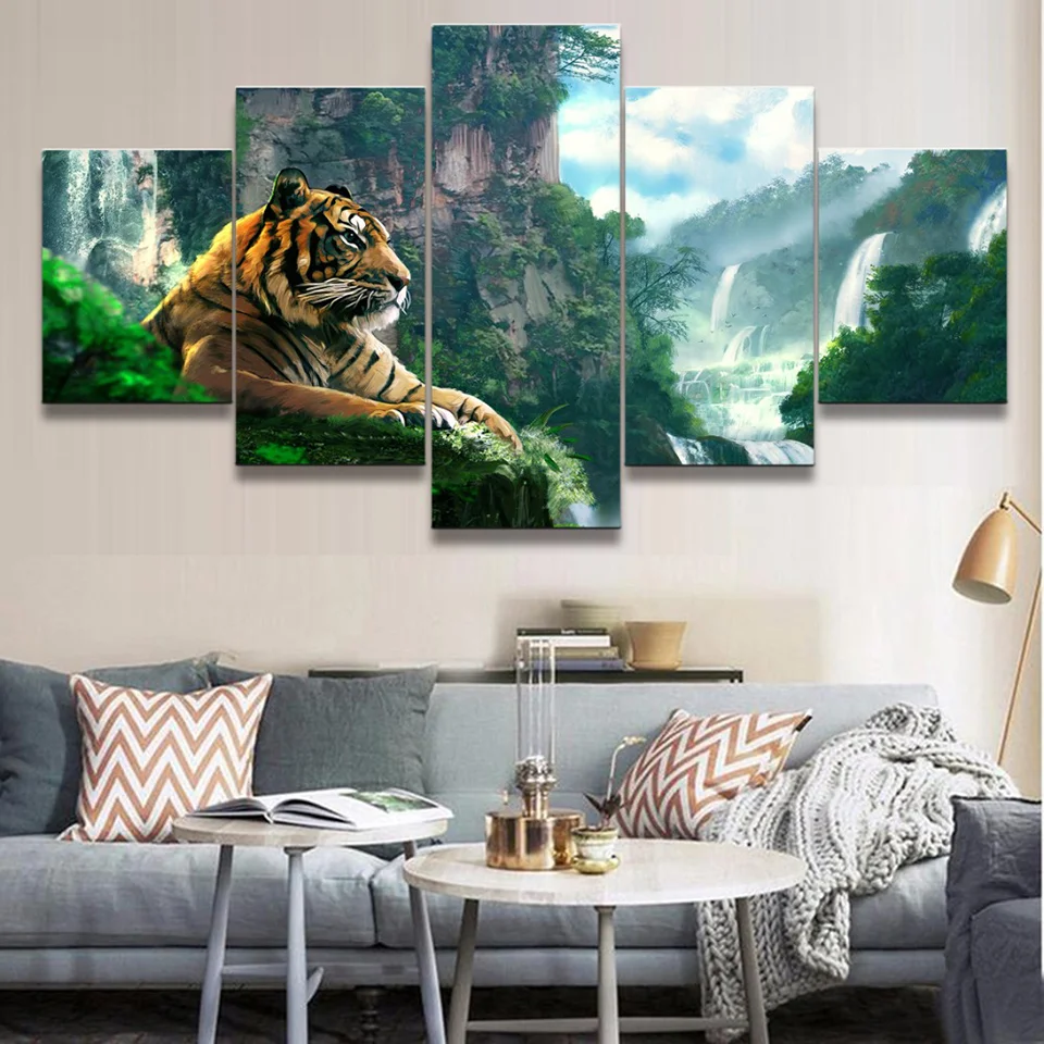 

No Framed Canvas 5Pcs Tiger Mountain Waterfall Modern Posters Wall Art Pictures Decoration Room Accessories Home Decor Paintings