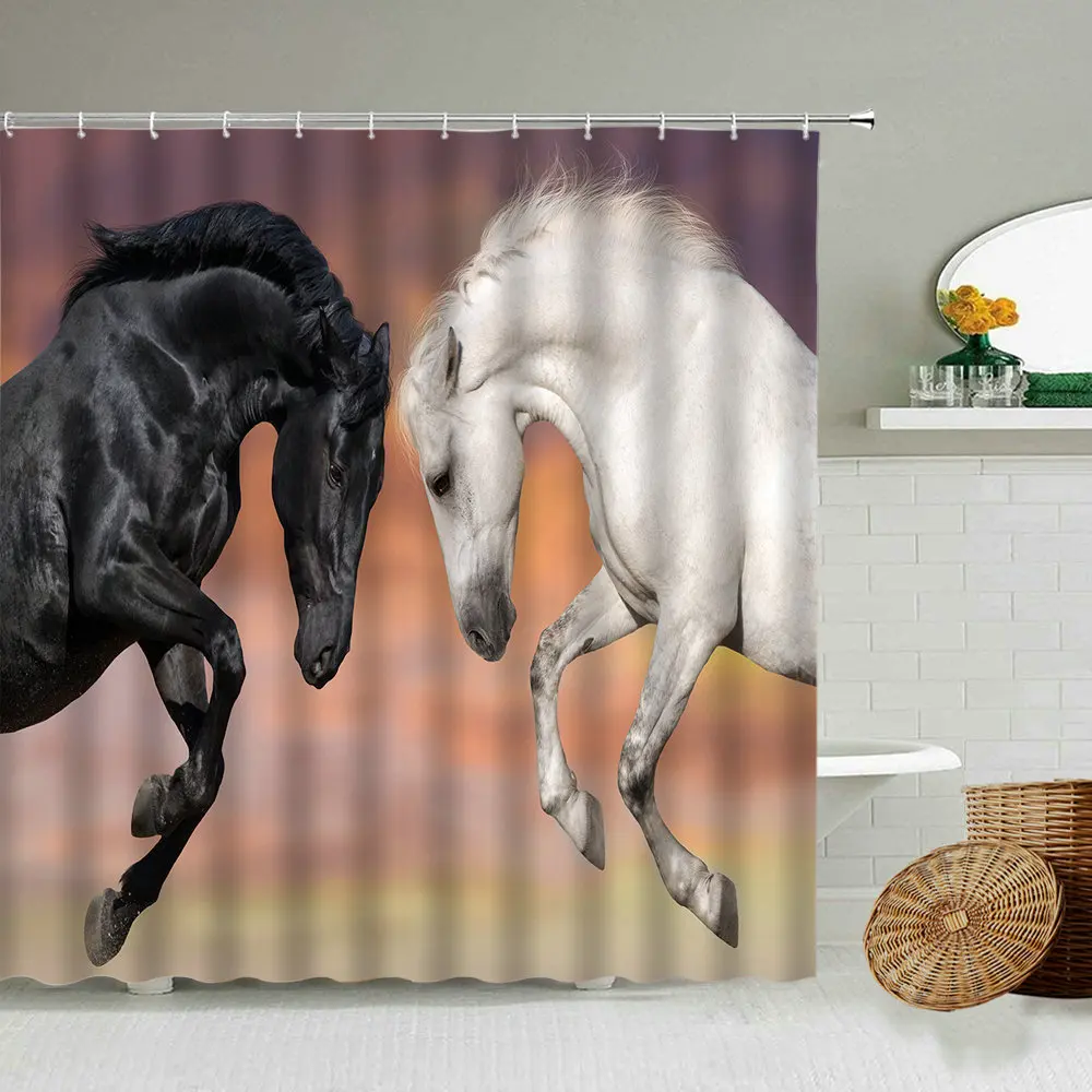 

Черный, белый цвет боевой конь животных печати Душ Шторы Креативный дизайн Ванная комната Ванна арт Водонепроницаемый полиэстер Шторы моющ...