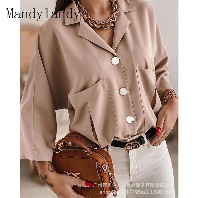 

Женская Осенняя рубашка на пуговицах Mandylandy, Женская Элегантная Модная свободная футболка с длинным рукавом и отложным воротником и кармана...