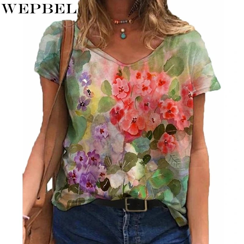 

WEPBEL Women's Casual V-neck Short-Sleeved T-shirt Summer Fashion Graffiti Tie-Dye Printing Pullover Loose T-shirt Tops