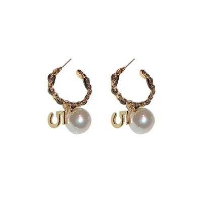 

Fashion Simulated Pearl Drop Earrings New Gold Geometric Letter C Metal Wedding Dangle Earrings for Women Jewelry