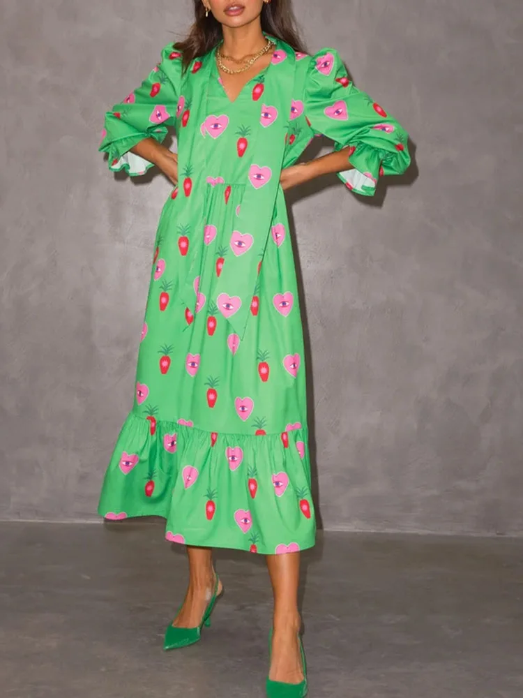

2021 autumn temperament sweet new women's contrast color floral print fold bow decoration lantern sleeve long dress