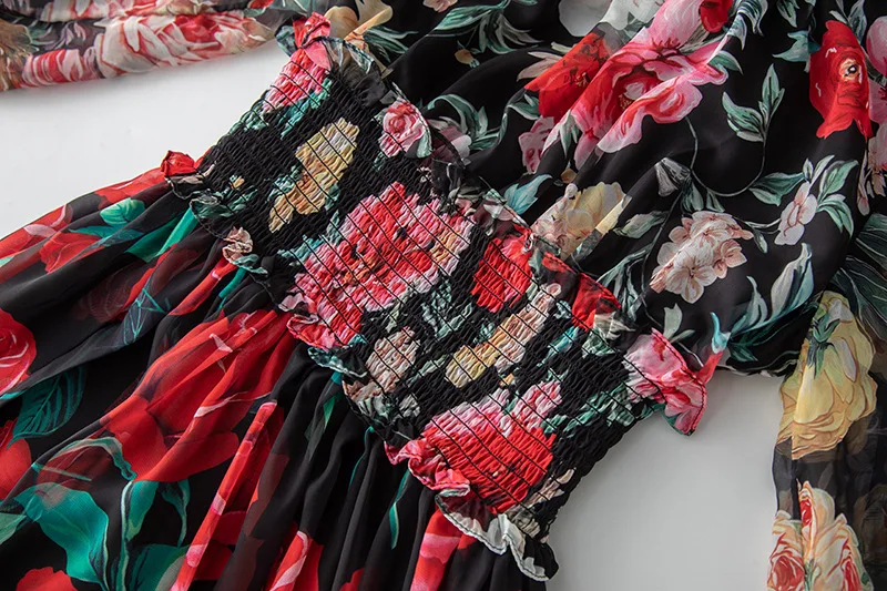 

Rose Printing Maxi Dress Women's Flare Sleeve Elastic Waist Pleated Ruffles Long Robes