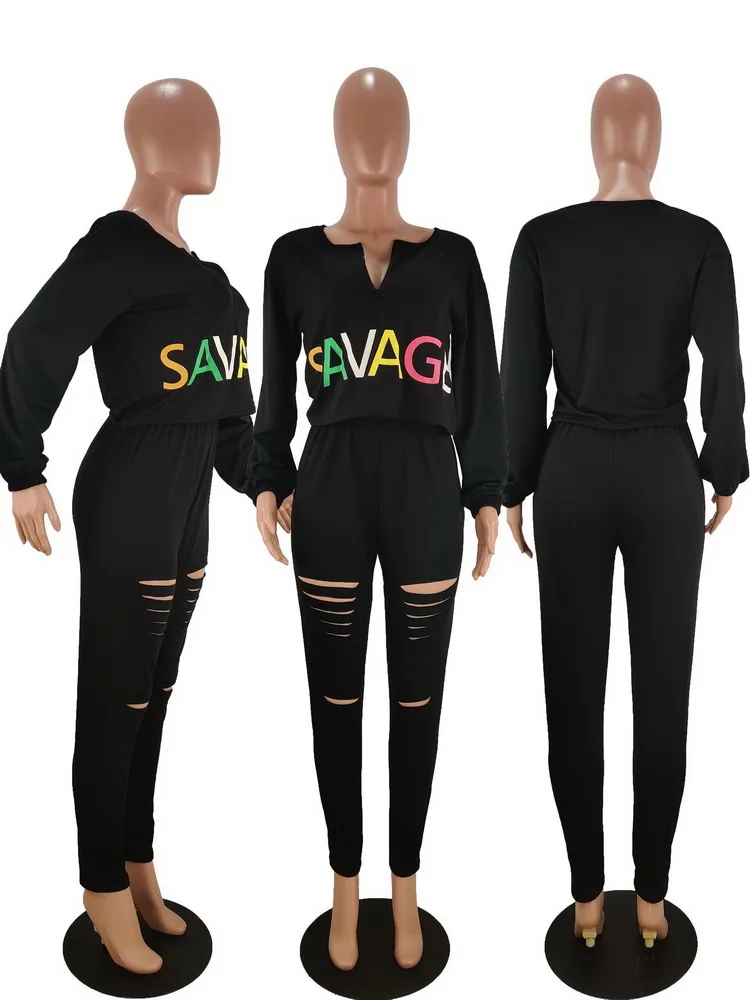 

NEW Women V-neck Sweatshirts hole pants two piece sets S-3XL Letter Printed Tee Tops Legging sportswear sweat suits