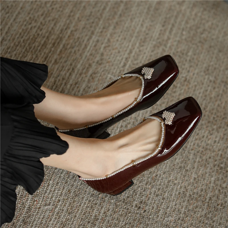 

CONASCO Basic Square Toe Women Pumps New String Bead Shallow Low Heels Shoes Woman Spring Casual Fashion Design Genuine Leather