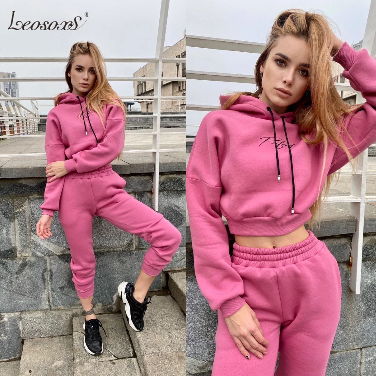 

Two Piece Set Women Tracksuits 2020 New Solid Color Hooed Sweatshirts/Top And Elastic High Waist Sport Pant Suit Outfit 10 Color