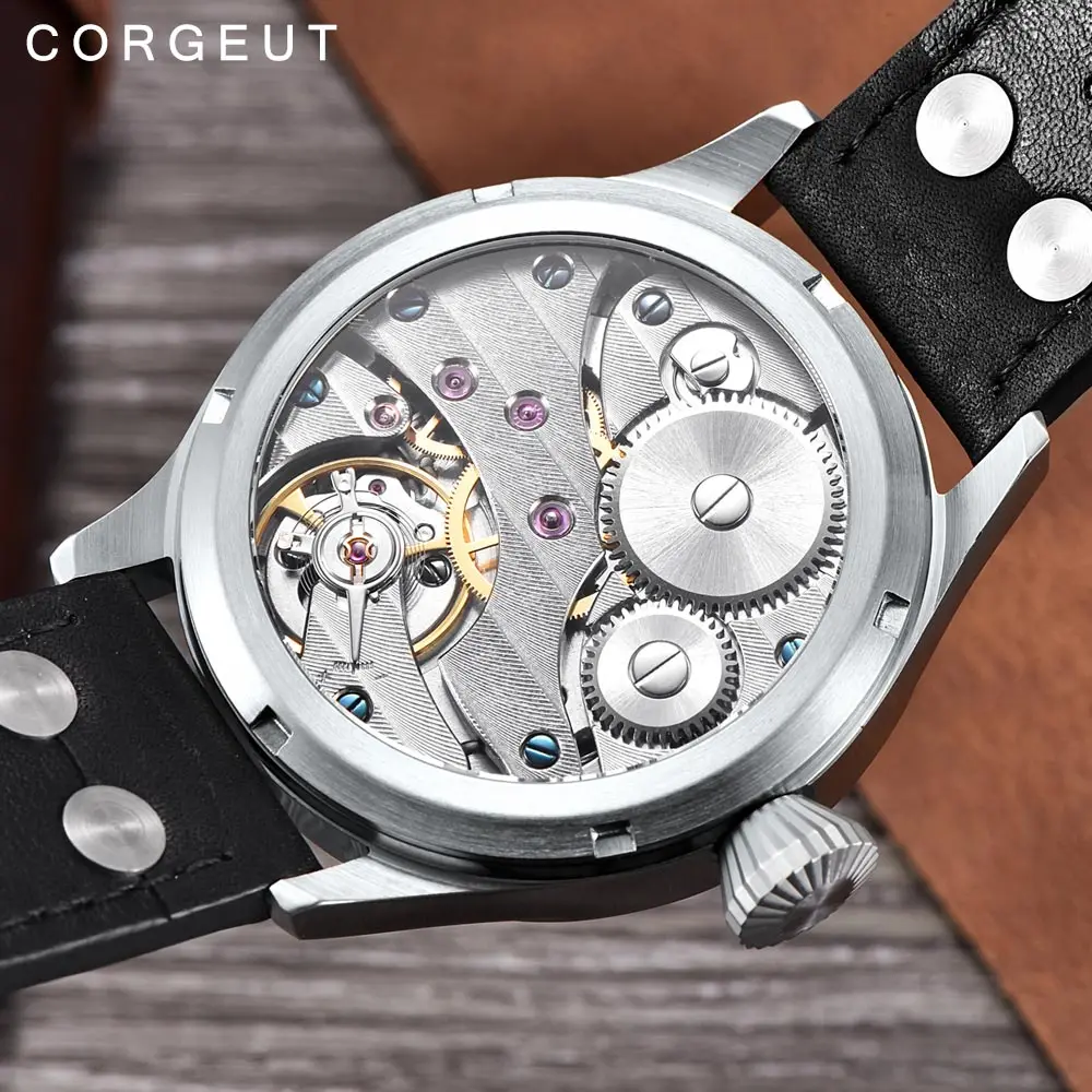 

Corgeut 44mm Fashion Mechanical Men Watch 17 Jewels Hand Winding 6497 Seagull ST3600 Luminous Leather Strap Wristwatch Men