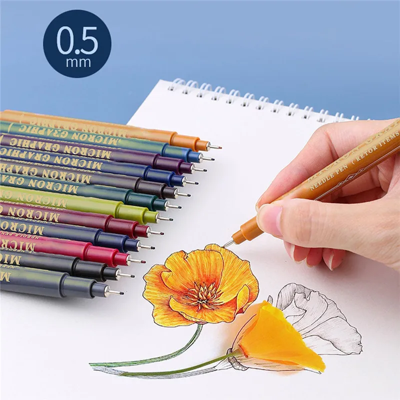 

12 Colors Hook Liner Needle Sketch Marker 0.5mm Ink Drawing Pen Set for Sketching Writing Painting School Art Supplies C26