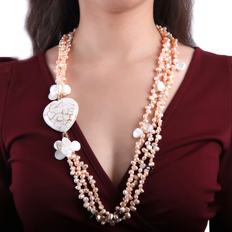 

JYX Newest Style Amazing White Round Turquoise Necklace with pink 8*9mm pearls chain 27" crystal pretty gift women lady