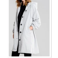 womens 2021 loose button casual windbreaker jacket hooded waist long windbreaker long sleeve windproof and waterproof jacket