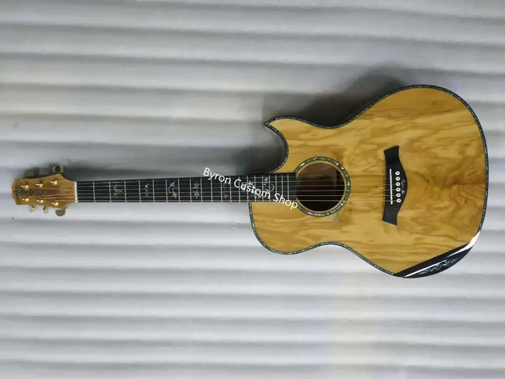 

free shipping all solid european olive wood guitar GA cutaway custom florentine armrest 14 frets olivewood acoustic guitar