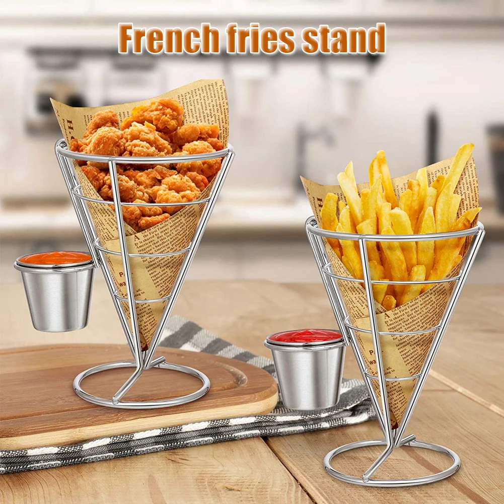 

Stainless Steel French Fries Fish And Chips And Appetizers Stand Cone Basket Fry Holder With Sauce Cup Kitchen Party Supplies