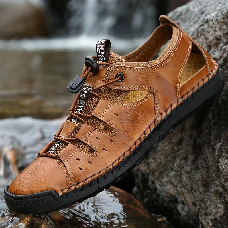

Casual Men Sandals Holiday Beach Men Shoes Genuine Leather Sandals handamde outdoor water Sandals Men Summer Shoes bgi size 48