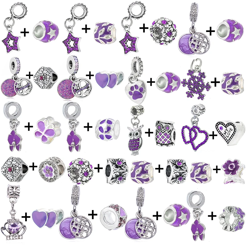 

2Pcs/Lot 2022 New Purple Owl & Heart Charm Beads Fit Silver Plated Bracelet Necklaces For Women Men Jewelry Making Special Offer