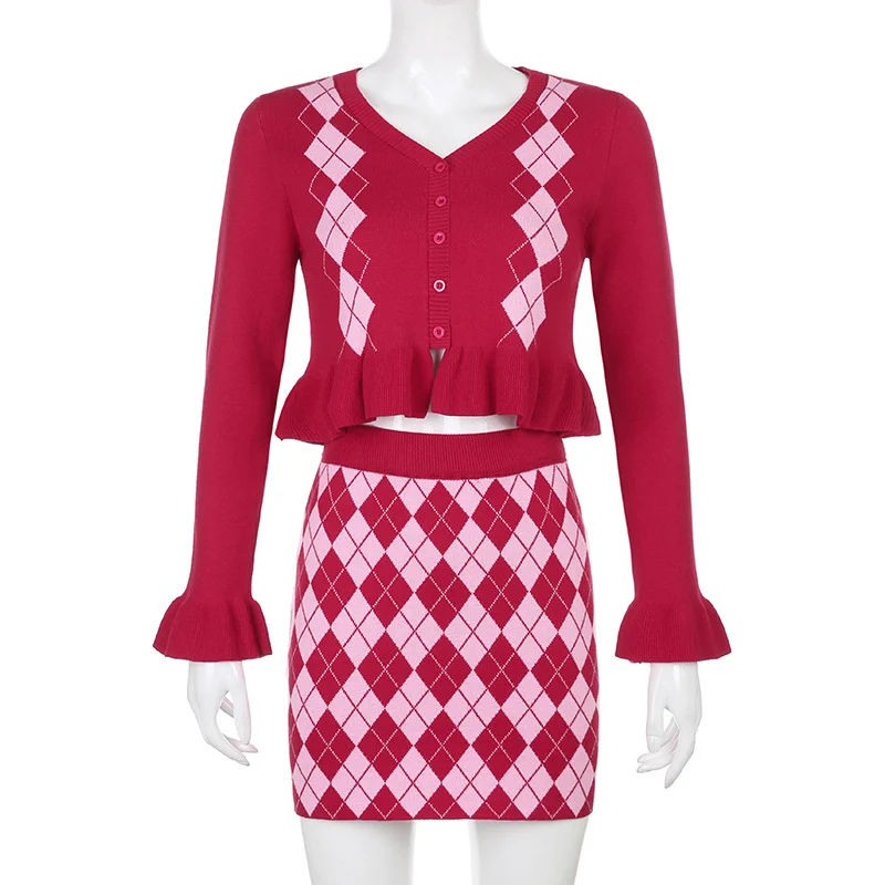 

Knitted plaid short tops mini dress women two pieces suits women's v-neck one single breasted cardigan sexy dress two-piece sets