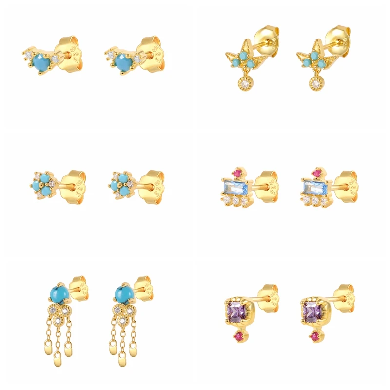 

2021 Silver Turquoise Flower Piercing Stud Earrings Pendientes Plata Aretes Woman Fine Jewelry Gift Bijoux Femme