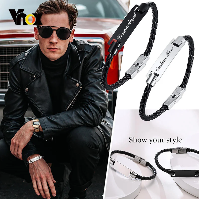 

Vnox Custom Engrave Men's Leather Bracelets, Stainless Steel ID Tag Male Bangle,Casual Braided Leather Rope Chain Male Accessory