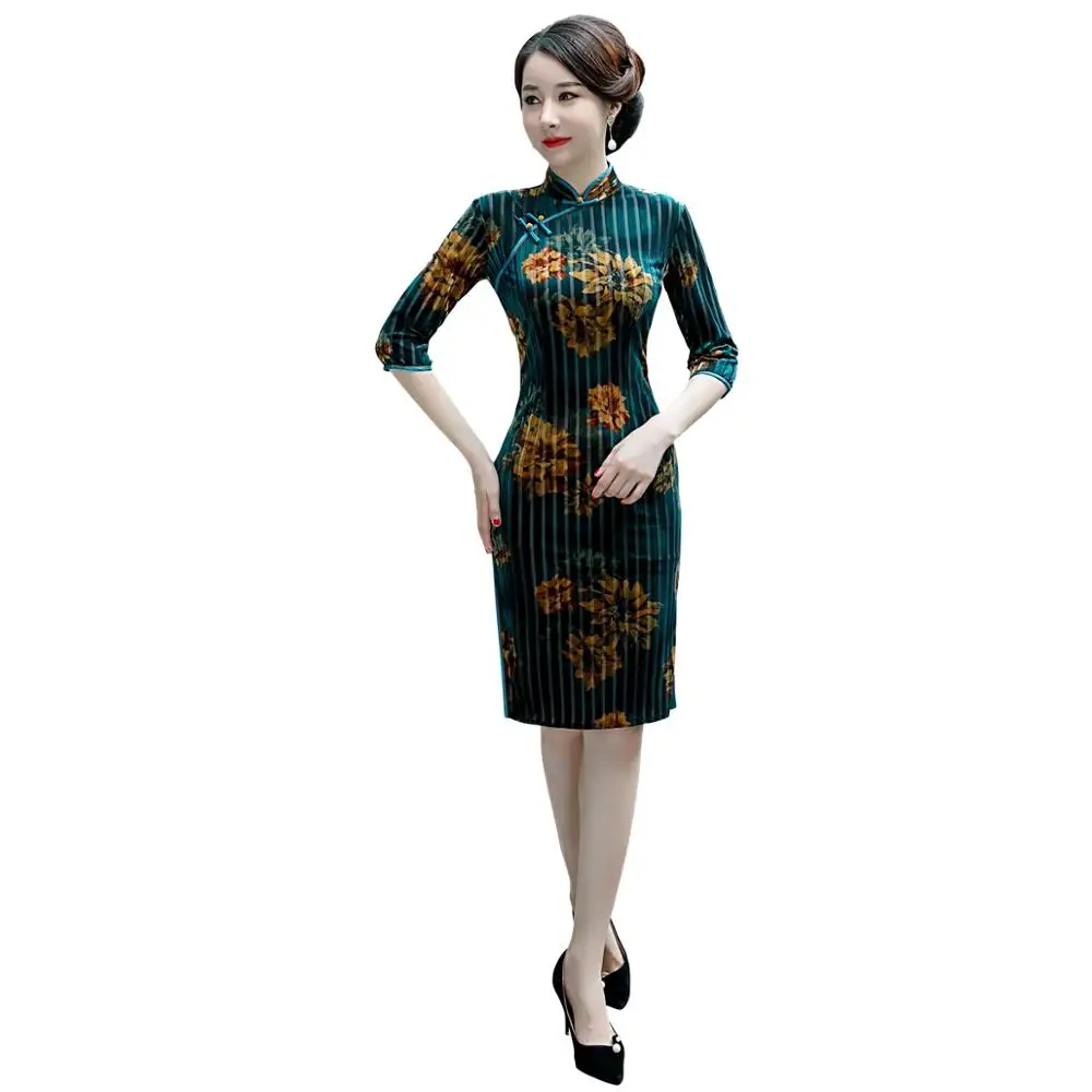 1724 Шанхай история велюр Cheongsam по колено китайское платье Ципао традиционное платье зеленый - Цвет: 1724