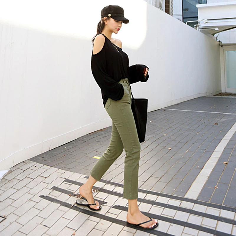 

BornSra Streetwear Slim Jean for Women Skinny High Waist Jean Female Denim Pencil Pants Stretch Army Green Women Pant Plus Size