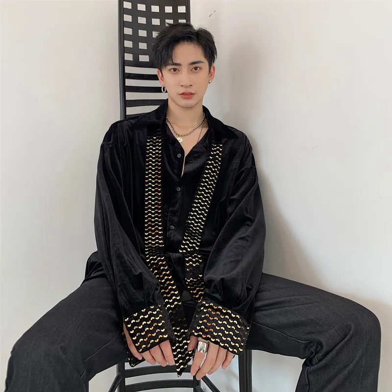 Мужская рубашка с длинными рукавами Повседневная Свободная бархатная блестками