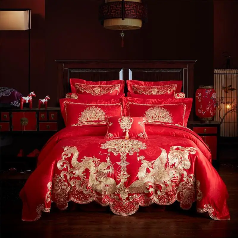 

Luxury 80S Silk Cotton Jacquard Wedding Bedding set Gold Embroidery Duvet Cover Bed Sheet Pillowcases Queen King size J/6/8/9pcs
